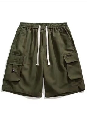Men's Olive Cargo Drawstring Shorts with Multi-Pocket Utility